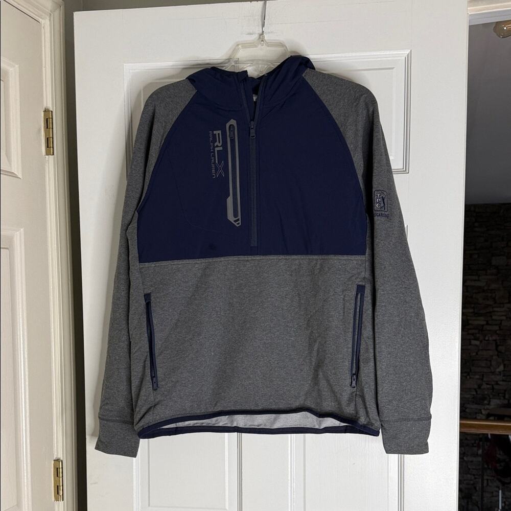 RLX Ralph Lauren Blue and Gray Hoodie. TPC Sugarloaf medium golf